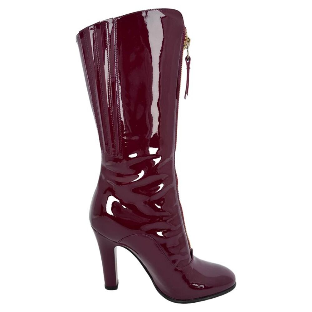 Valentino  Zip Detail Mid Calf Boots in Red Patent Leather